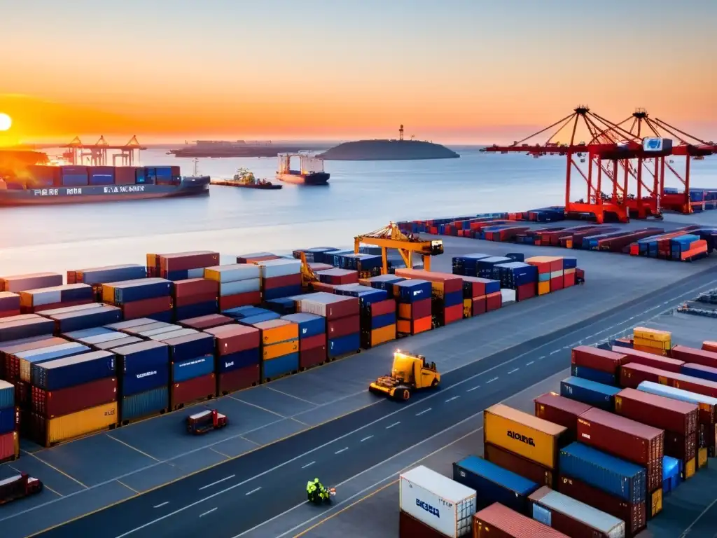 Un puerto internacional bullicioso al atardecer, con carga de contenedores y camiones esperando