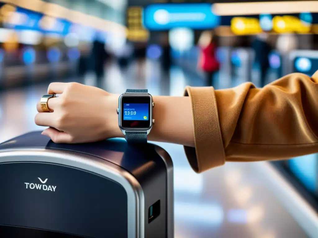 Una pulsera de pago de diseño metálico se escanea en un aeropuerto bullicioso, reflejando la conveniencia de las pulseras y anillos para viajes