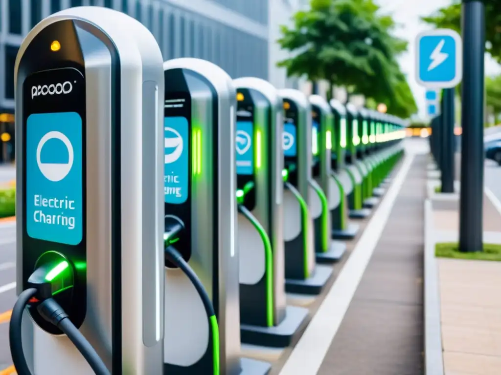 Implementación de puntos de recarga rápida para vehículos eléctricos en un ambiente urbano vibrante y moderno, mostrando la integración de la tecnología sostenible en la vida cotidiana