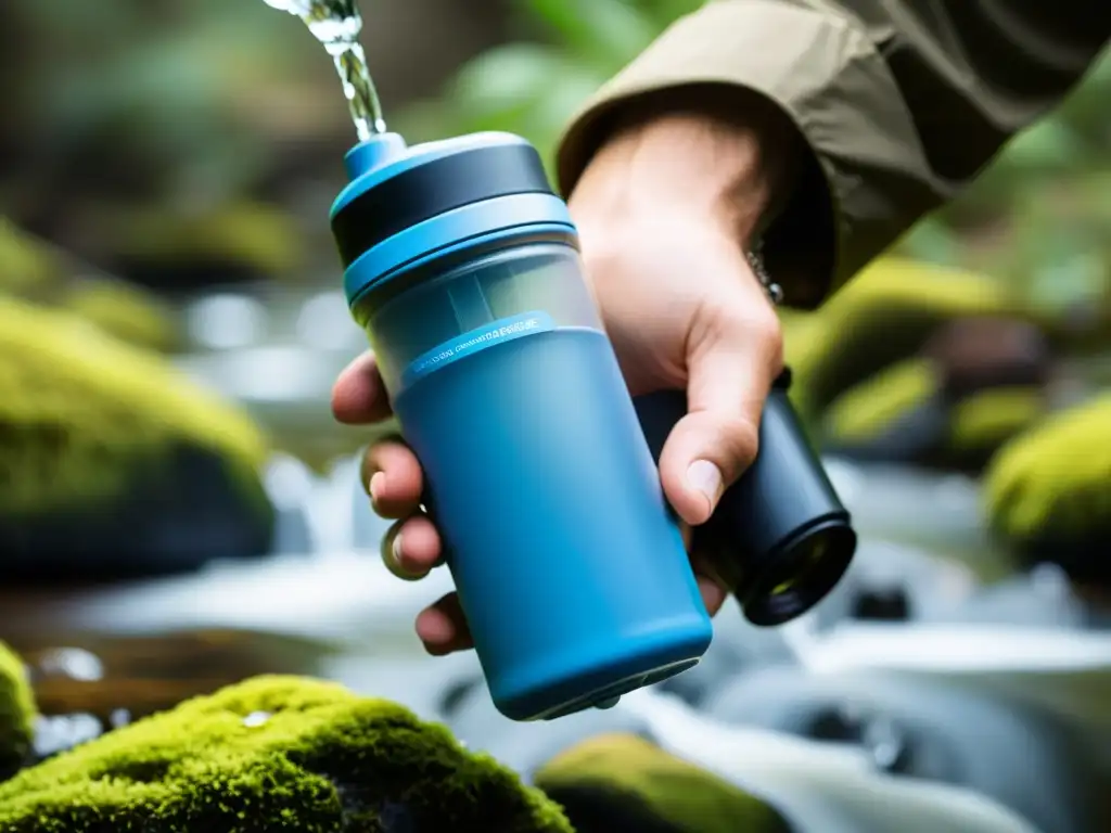 Un purificador de agua portátil en acción, filtrando agua turbia en cristalina, en un entorno natural