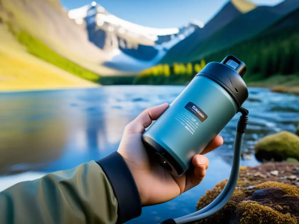 Un purificador de agua portátil en uso en un entorno natural, mostrando su eficacia