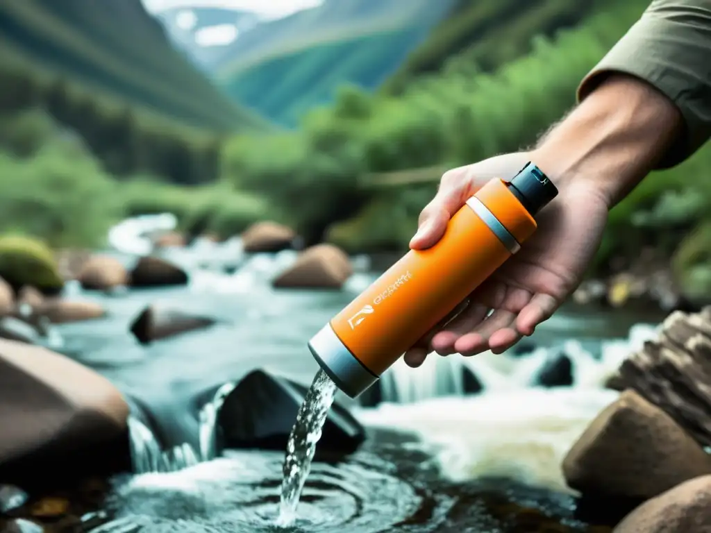 Un purificador de agua portátil en uso junto a un arroyo de montaña