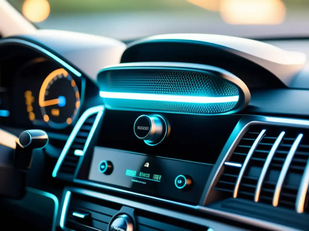 Un purificador de aire vehicular eficiente iluminado en el tablero de un coche, filtrando partículas de polvo y alérgenos