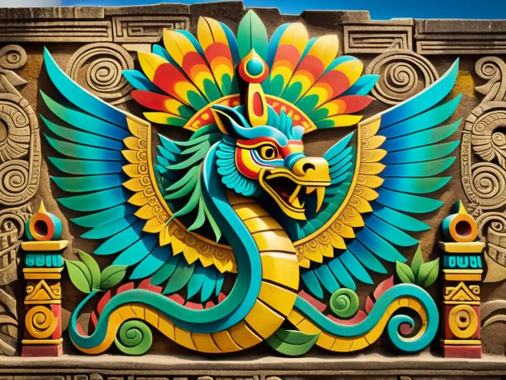 Quetzalcoatl, dios serpiente emplumada, surca el cielo con majestuosas alas desplegadas y un cetro dorado, en un mural maya