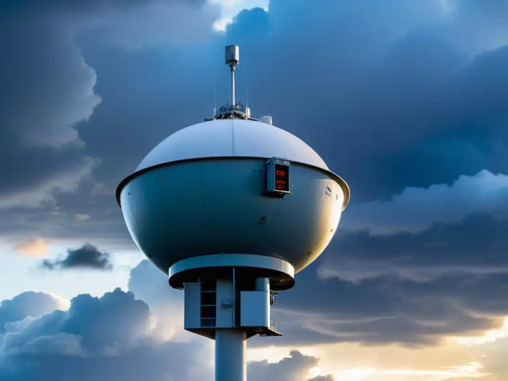 Un radar meteorológico de última generación en un aeropuerto, con una red de antenas y sensores, frente a un cielo dramático lleno de nubes de tormenta, destacando la precisión de la meteorología avanzada en la planificación de vuelo