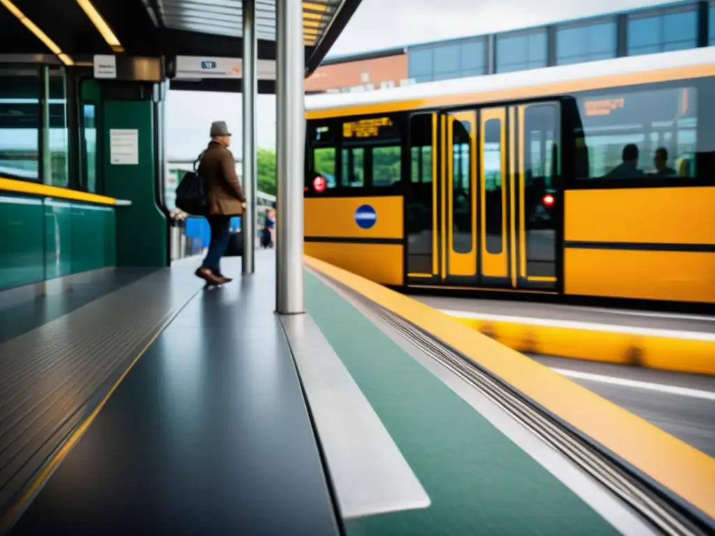 Una rampa de acceso universal en el transporte público, facilitando el abordaje de pasajeros con diversidad funcional