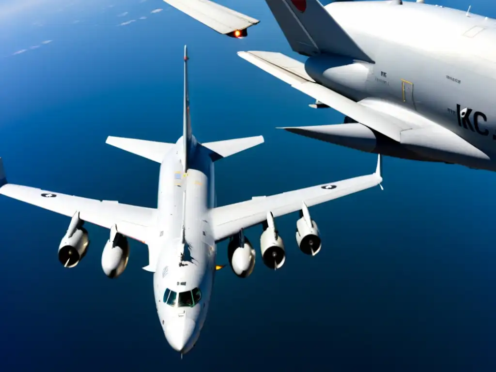 Un KC135 Stratotanker realiza un reabastecimiento en vuelo con un avión caza