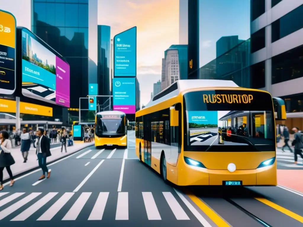 Aplicación de realidad aumentada en transporte: Ciudad futurista con displays AR en vehículos, commuters interactuando con VR en parada de autobús de alta tecnología y paisaje urbano moderno