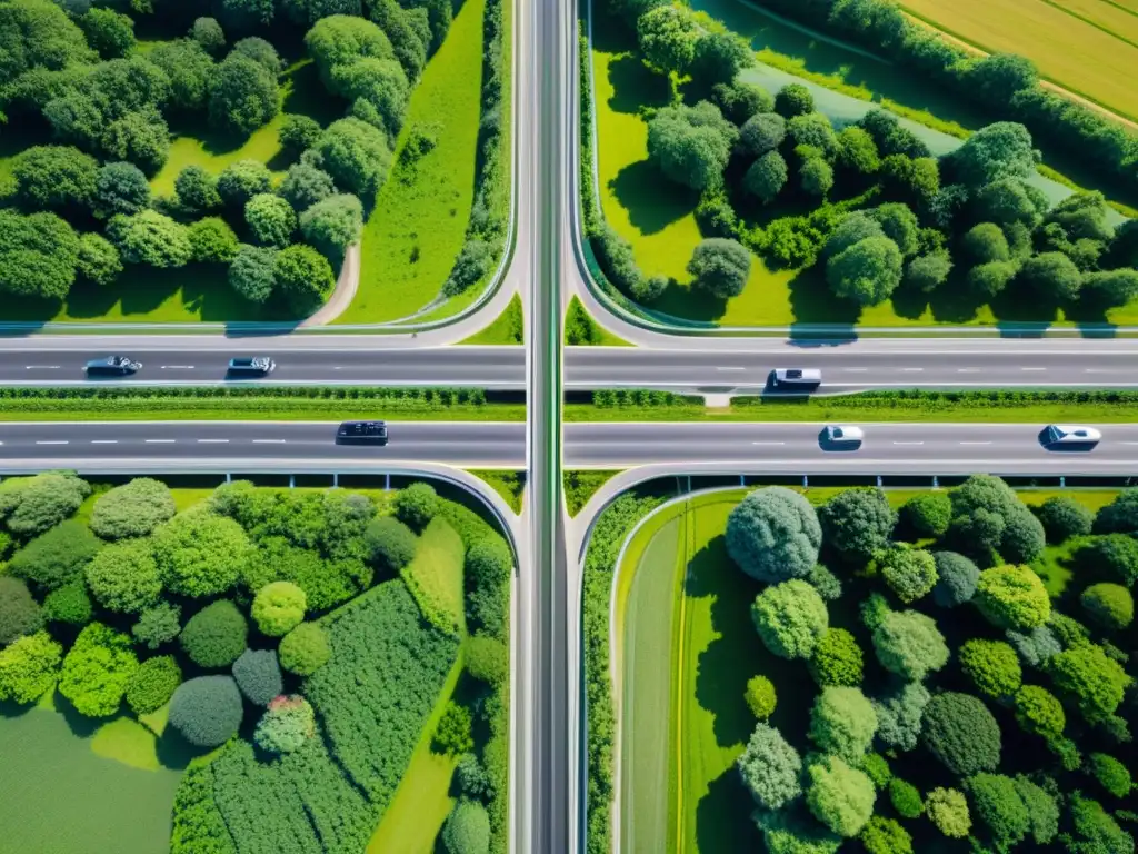 Red de autopistas eléctricas innovadoras evolución transporte: vehículos futuristas recorriendo paisaje verde y sostenible