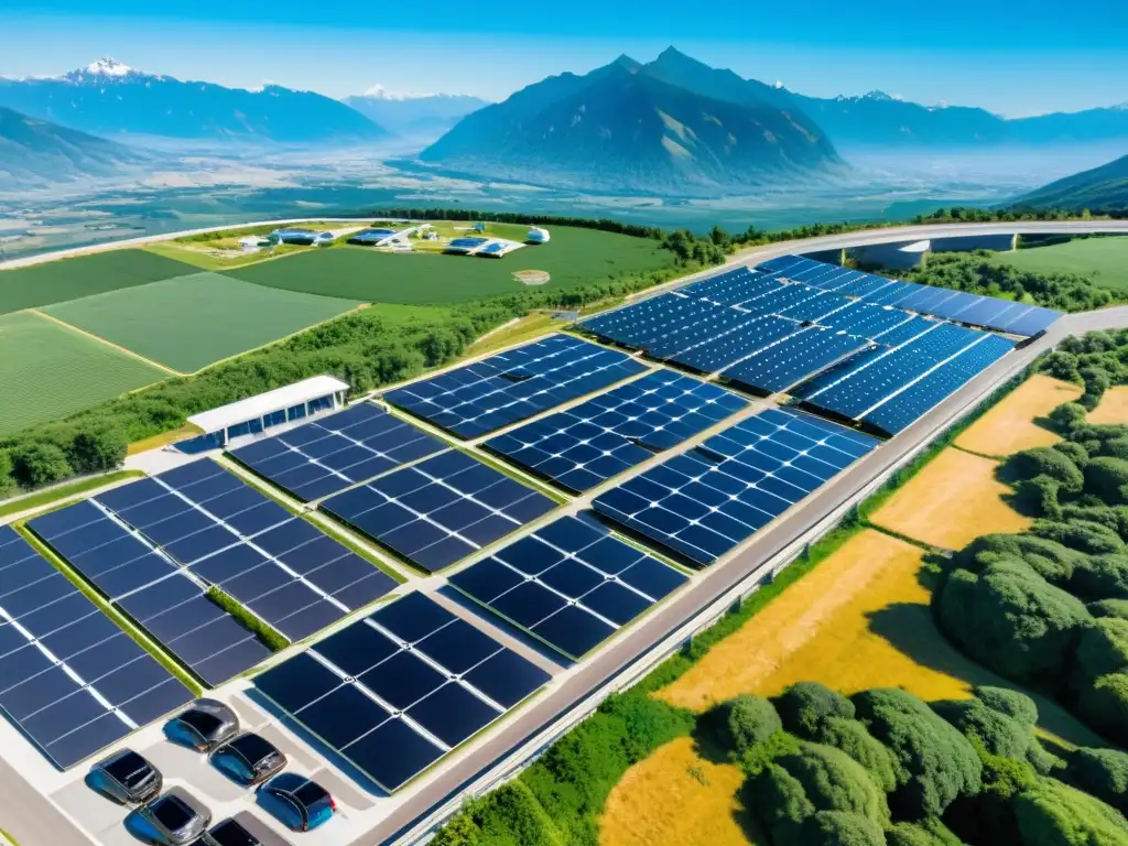 Una red de estaciones de carga eléctrica estratégicamente distribuida a lo largo de una autopista, con vehículos eléctricos ecológicos cargando, rodeados de vegetación y paneles solares