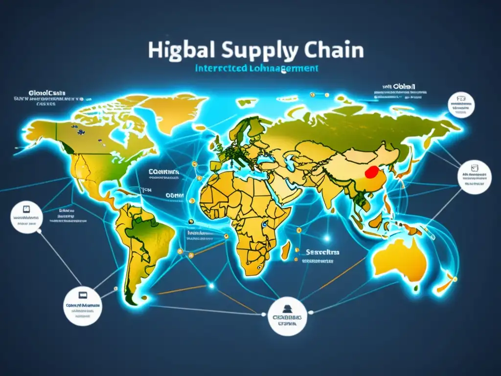 Una red de suministro global compleja muestra la resiliencia en cadenas de suministro con tecnología blockchain, destacando la transparencia y eficiencia en el manejo de datos y transacciones