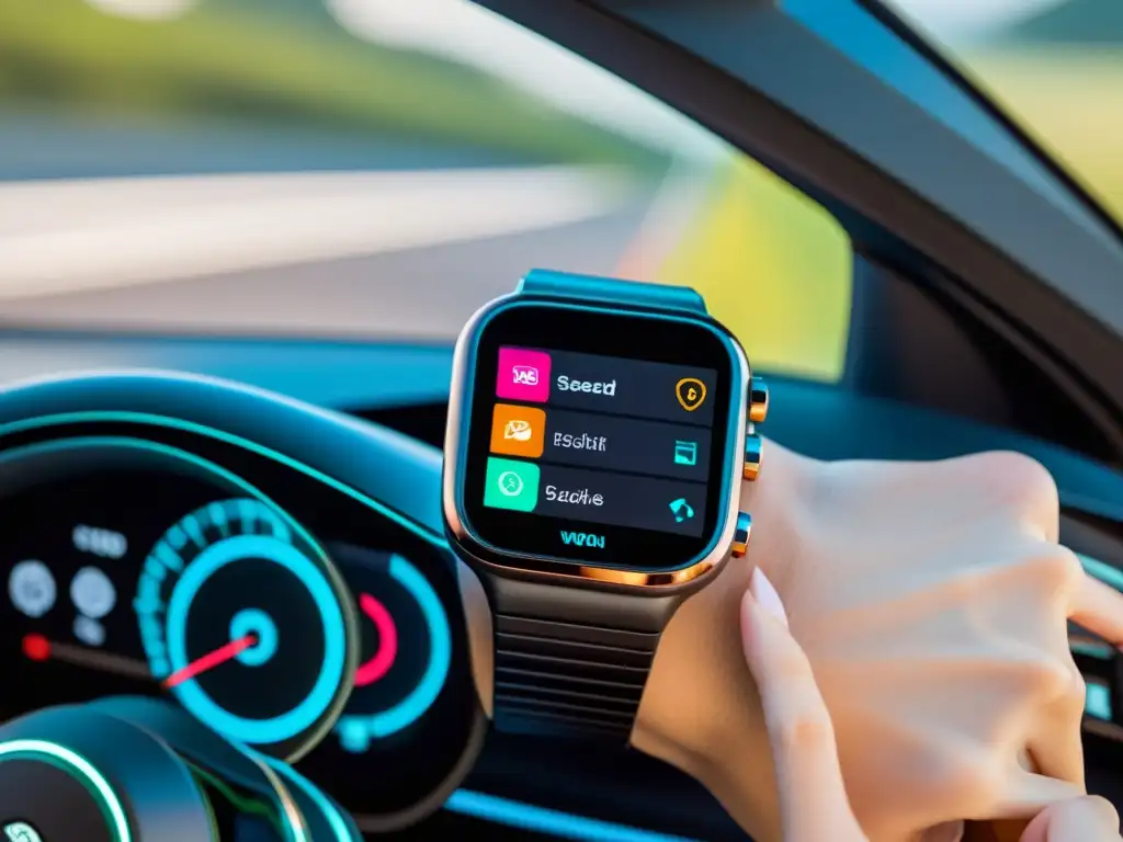 Un reloj inteligente de alta tecnología se conecta sin problemas a un tablero de auto moderno, mostrando datos de conducción en tiempo real