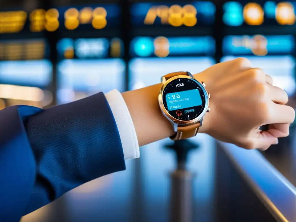 Un reloj inteligente para viajes, con múltiples zonas horarias y un elegante diseño de cuero, en un aeropuerto