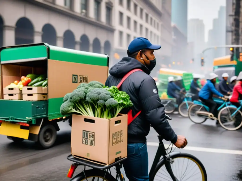 Un repartidor levanta una caja de frutas en una bulliciosa calle de la ciudad