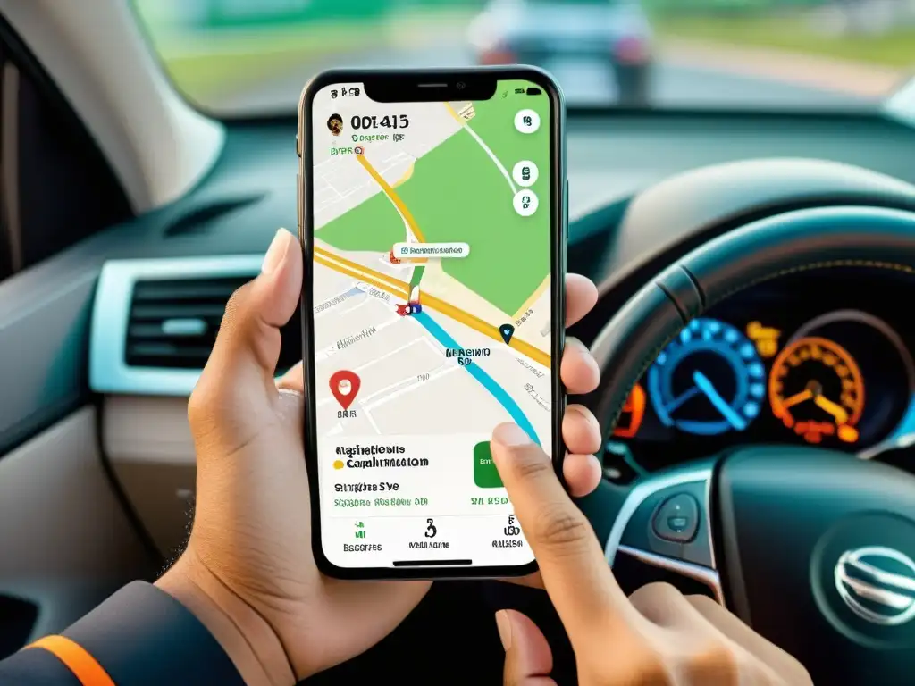 Un repartidor sostiene con firmeza un teléfono con la app de navegación abierta, mostrando la ruta detallada
