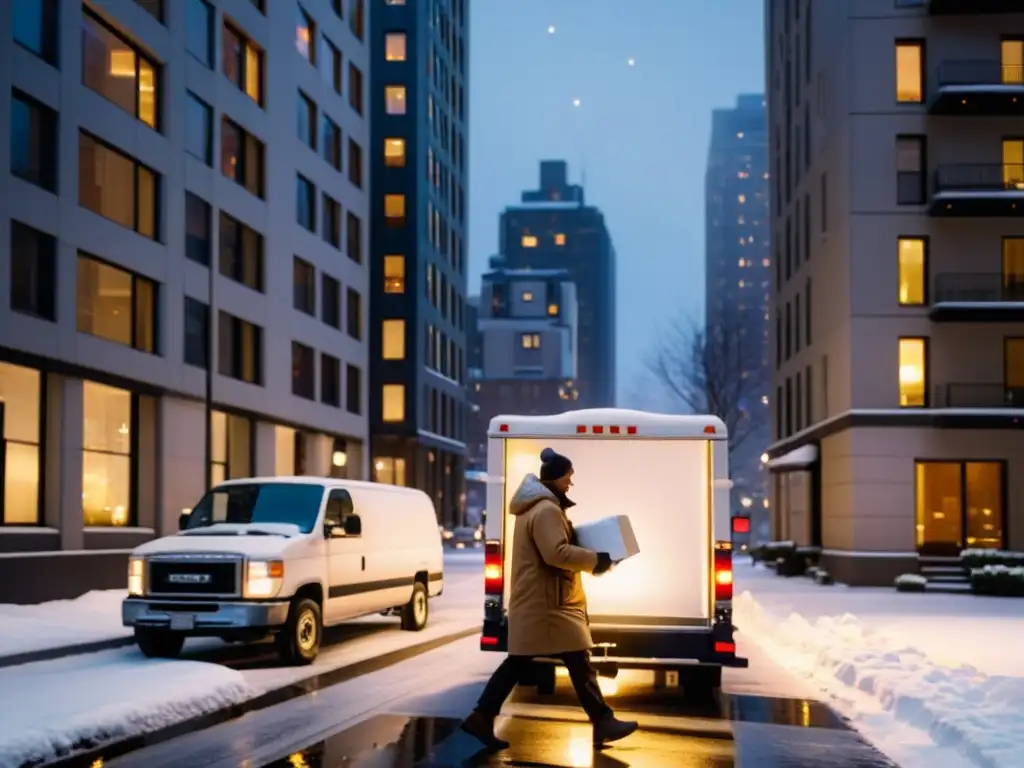 Un repartidor lleva un paquete en una calle nevada al anochecer, con soluciones innovadoras en la distribución último tramo