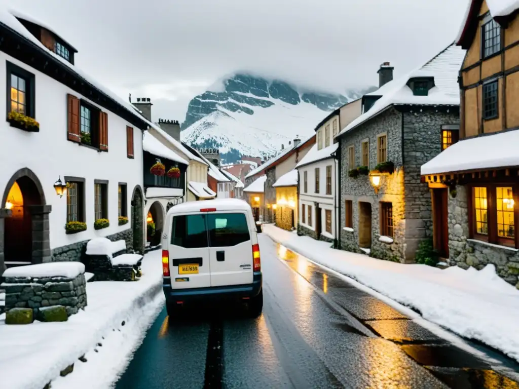 Van de reparto en la nieve, recorriendo calles estrechas entre edificios históricos