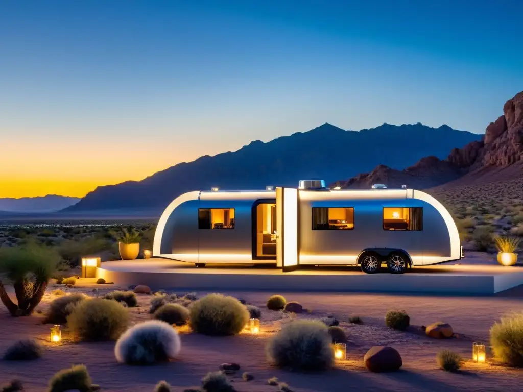 Residencias de lujo sobre ruedas en el desierto al atardecer, con diseño moderno y vistas panorámicas, evocando libertad y aventura