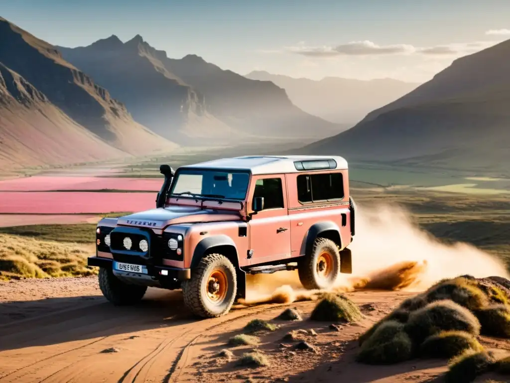 Un Land Rover Defender resistente y aventurero frente a un paisaje montañoso, evoca la historia y evolución Land Rover Defender