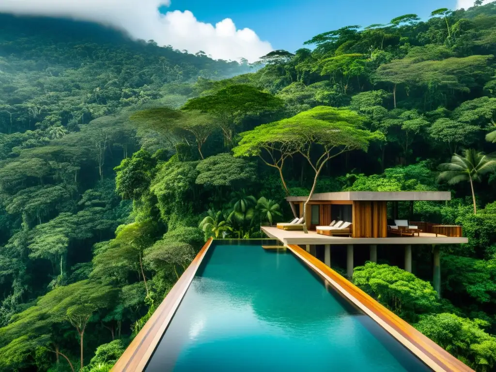 Resort ecológico de lujo en la selva tropical, piscina infinita refleja exuberante vegetación, sillas de teka sostenible