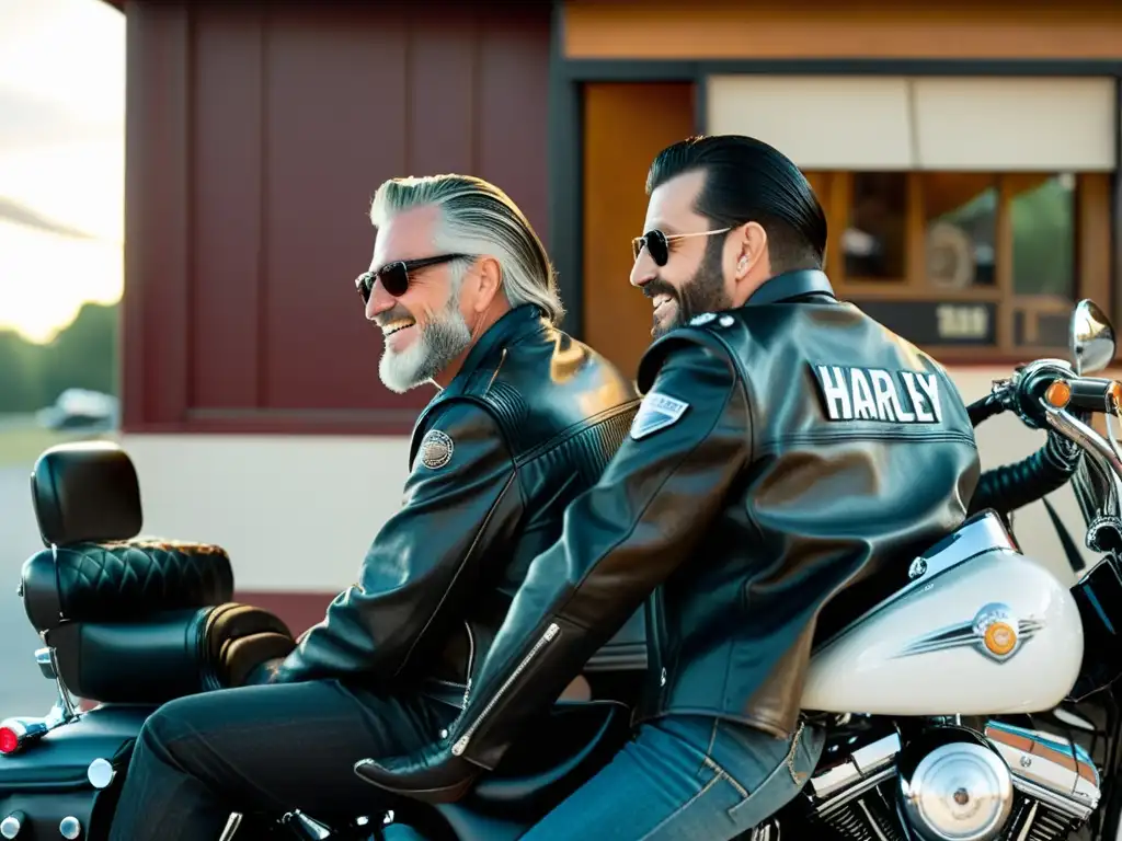 Un retrato en blanco y negro de motociclistas en sus Harley Davidson frente a un diner