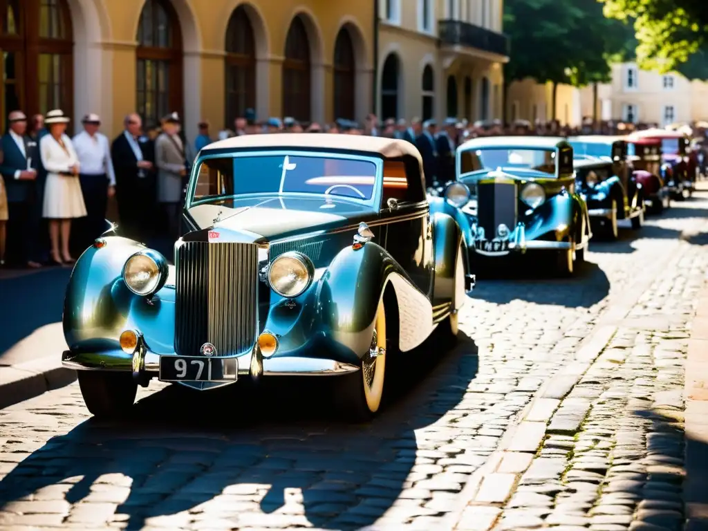 Una reunión de autos clásicos en una elegante calle empedrada, rodeada de personas vestidas con atuendos atemporales