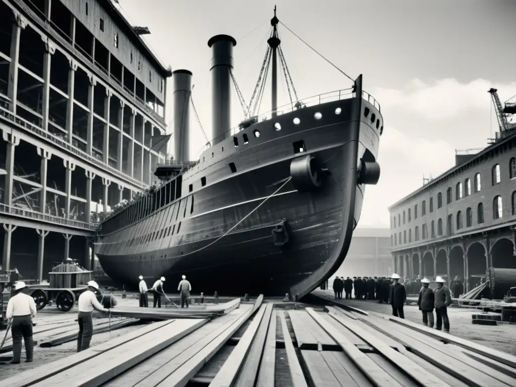 Durante la revolución industrial, los trabajadores moldean un enorme barco de madera en un astillero del siglo XIX