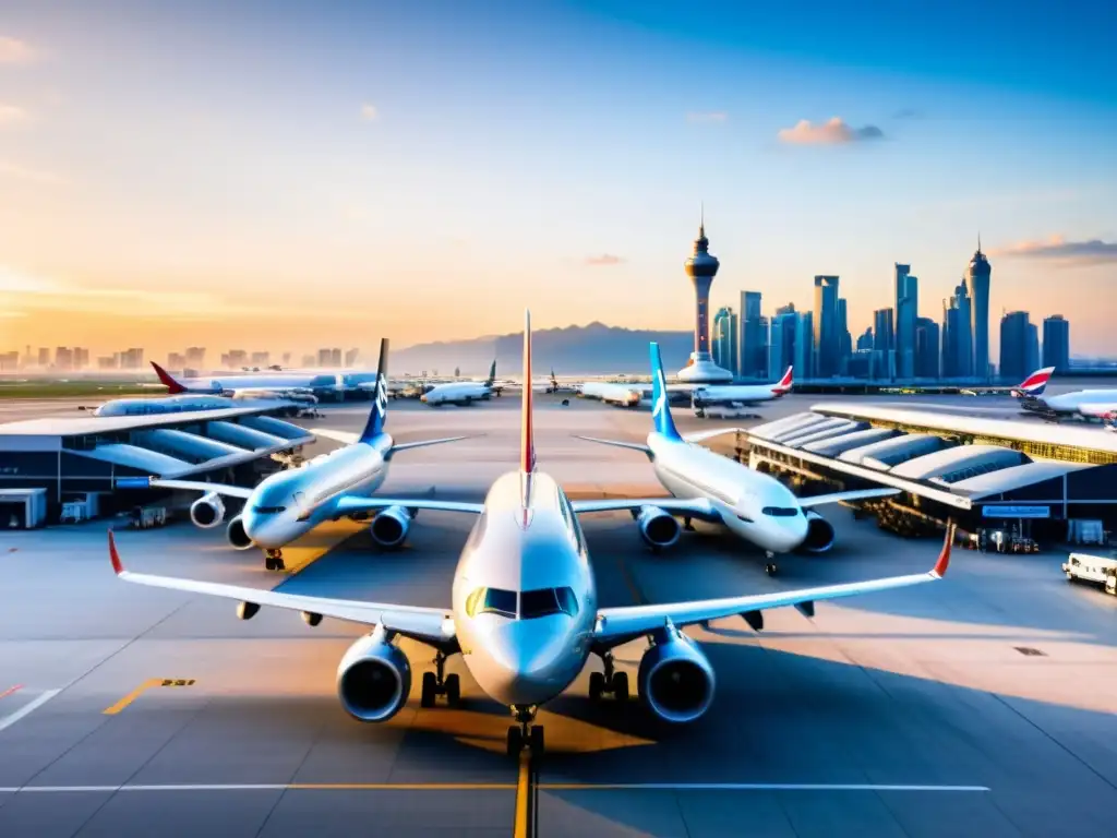 La revolución del transporte aéreo en Asia cobra vida en un bullicioso aeropuerto, con aviones modernos y un atardecer vibrante