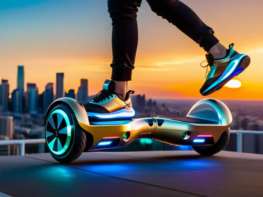 Un rider de hoverboard futurista surca la ciudad al atardecer, reflejando innovación y tecnología en la historia del hoverboard