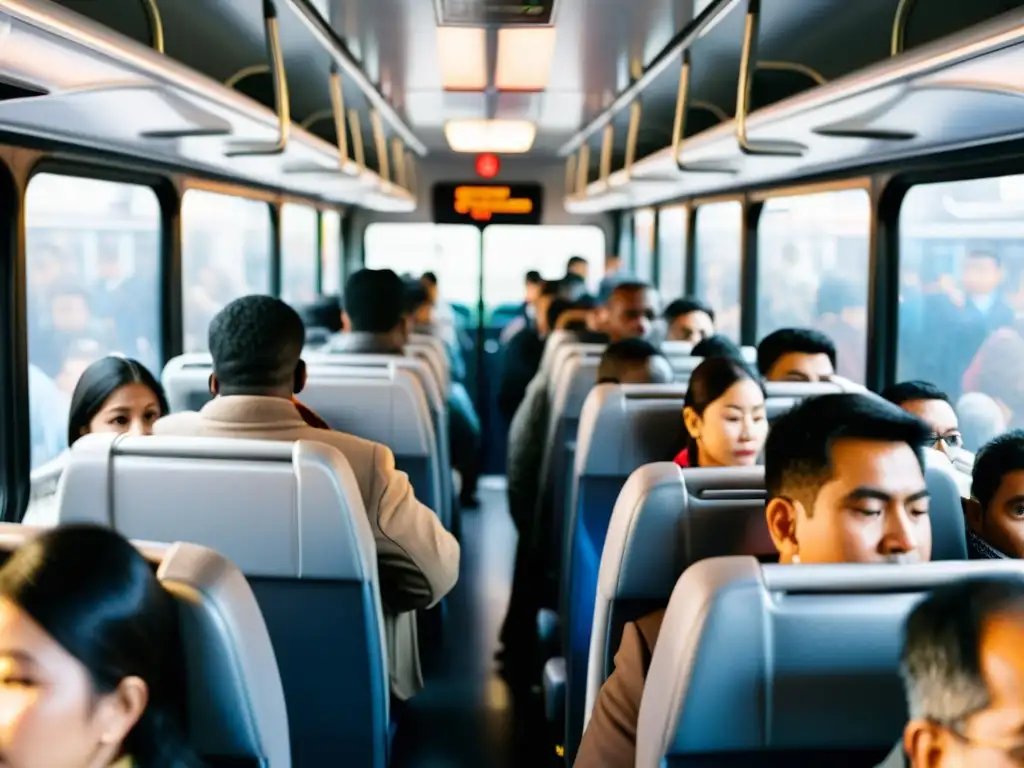 Gestión de riesgos en transporte público: Un autobús abarrotado durante la hora pico, con pasajeros apretujados y expresiones de estrés