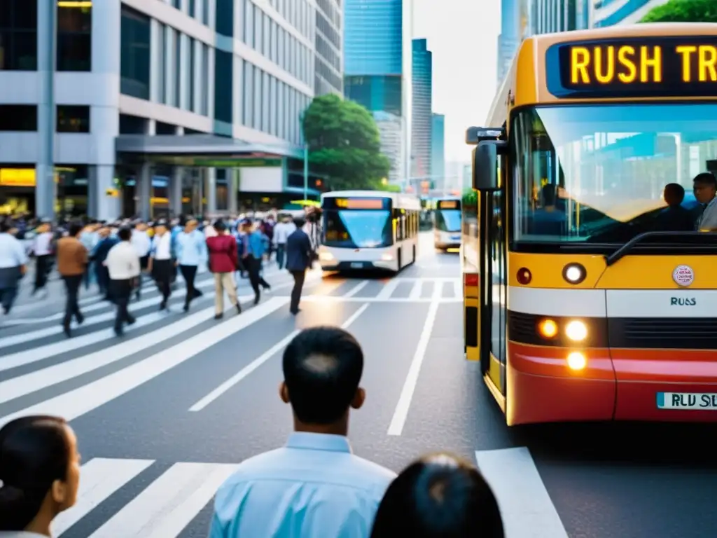 Gestión de riesgos en transporte público: escena urbana con tráfico intenso, peatones cruzando y un autobús maniobrando entre vehículos