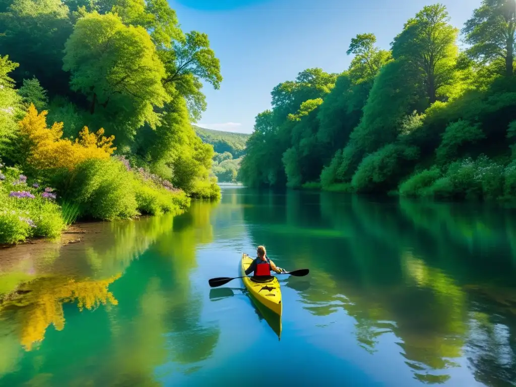 Un río tranquilo rodeado de árboles verdes y flores silvestres, con un kayak deslizándose suavemente en el agua