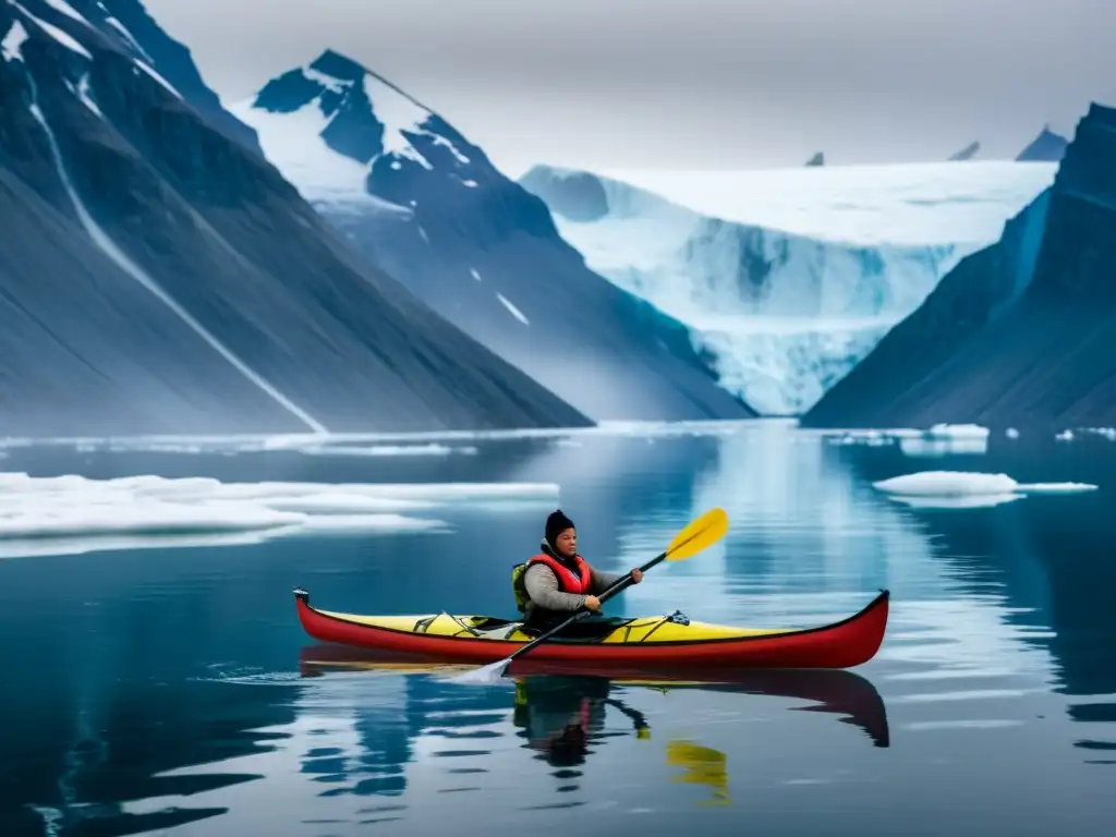 Explorando ríos y lagos en kayak: Imagen documental de un kayak inuit en aguas heladas, rodeado de montañas nevadas y una atmósfera serena y mística