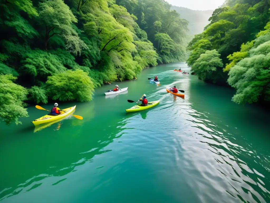 Explorando ríos y lagos en kayak: grupo de kayakistas en un río serpenteante rodeado de exuberante vegetación, reflejos serenos en el agua cristalina