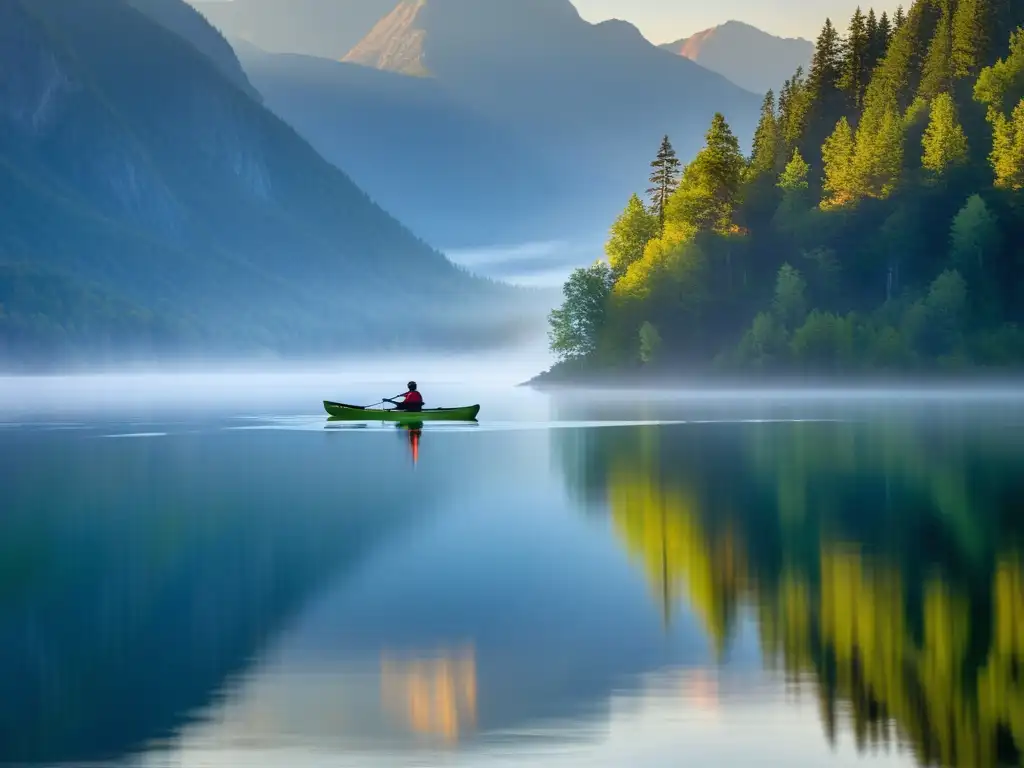 Explorando ríos y lagos en kayak al amanecer, rodeado de montañas y la serenidad del agua reflejando la luz matutina