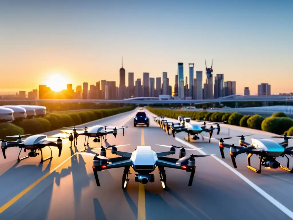 Robots y drones gestionan riesgos en el transporte al atardecer sobre la ciudad