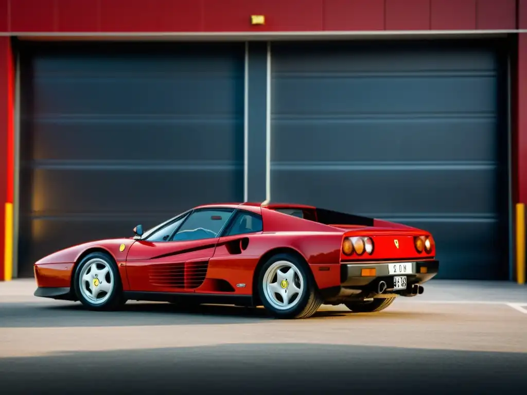 Iconica Ferrari Testarossa roja frente a la fábrica de Maranello, Italia, evocando historia y evolución en medios de transporte e innovaciones