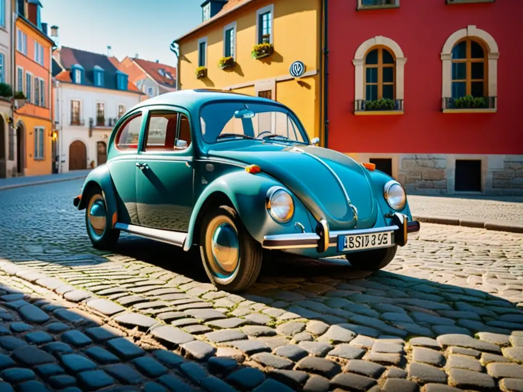 Un Volkswagen Beetle rojo en una calle empedrada de pueblo europeo