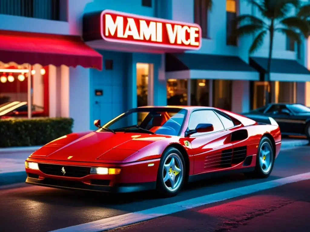 Ferrari Testarossa: Icono de glamour nocturno El icónico Ferrari Testarossa rojo de Miami Vice, estacionado en una calle neón