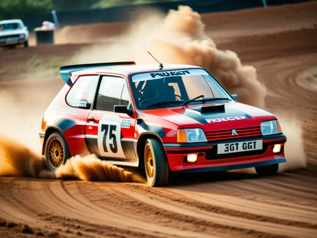 Peugeot 205 GTI: Velocidad y emoción en rally de tierra Un Peugeot 205 GTI rojo histórico compite en un rally, levantando polvo en una pista de tierra, transmitiendo emoción y velocidad