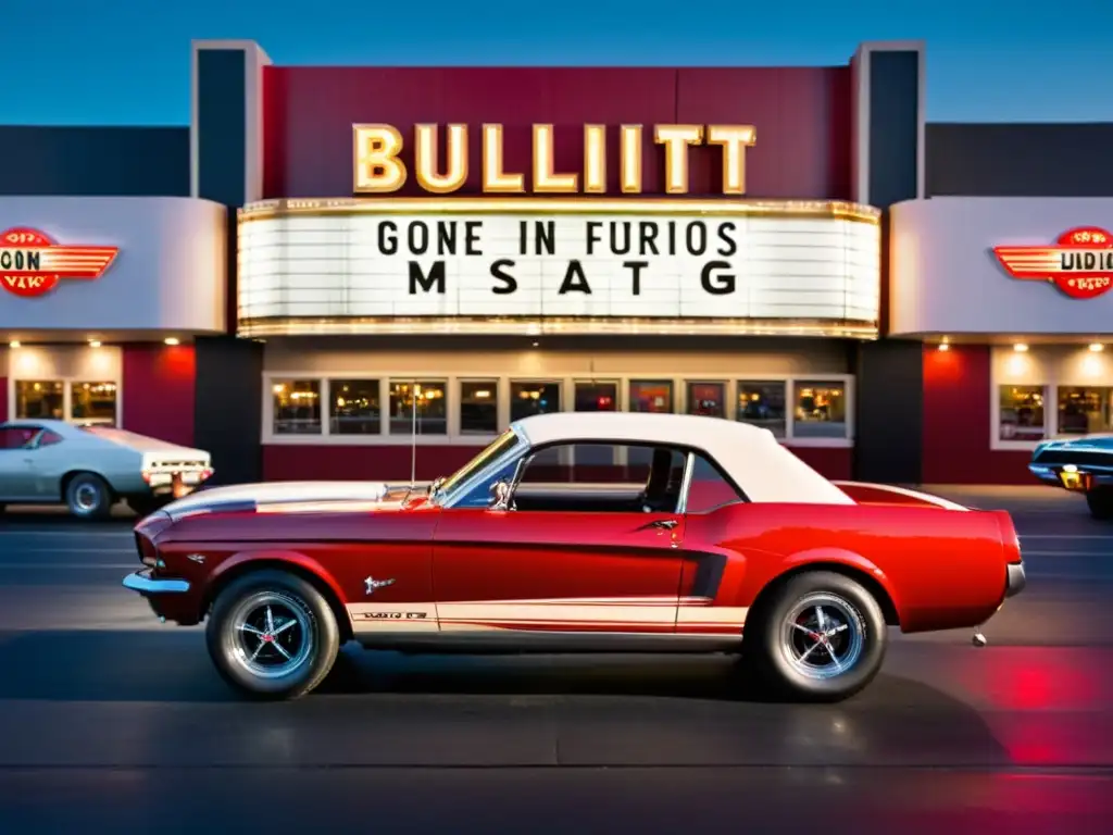 Un Ford Mustang rojo vintage con rayas blancas estacionado frente a un cine clásico, rodeado de entusiastas