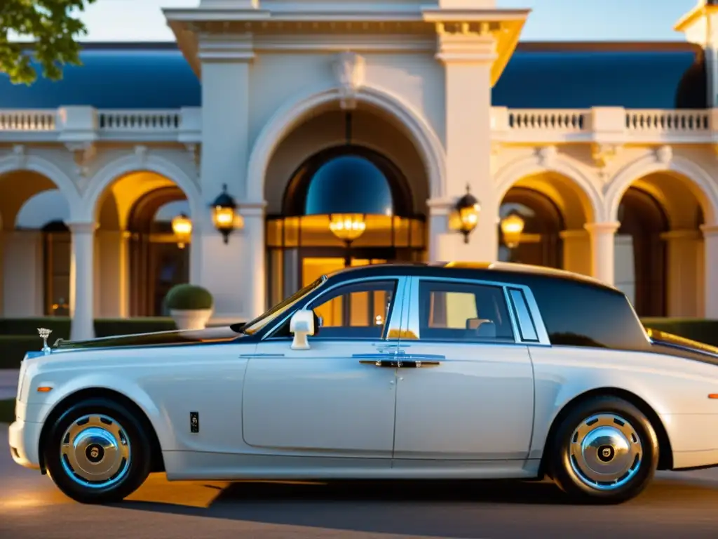 Un Rolls Royce Phantom II estacionado frente a un lujoso hotel histórico, bañado por la cálida luz del sol