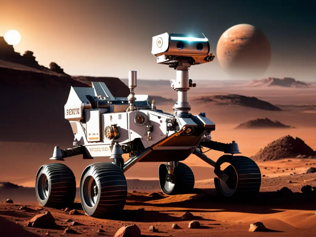 Un rover espacial de alta tecnología, explorando un planeta remoto con paisajes alienígenas