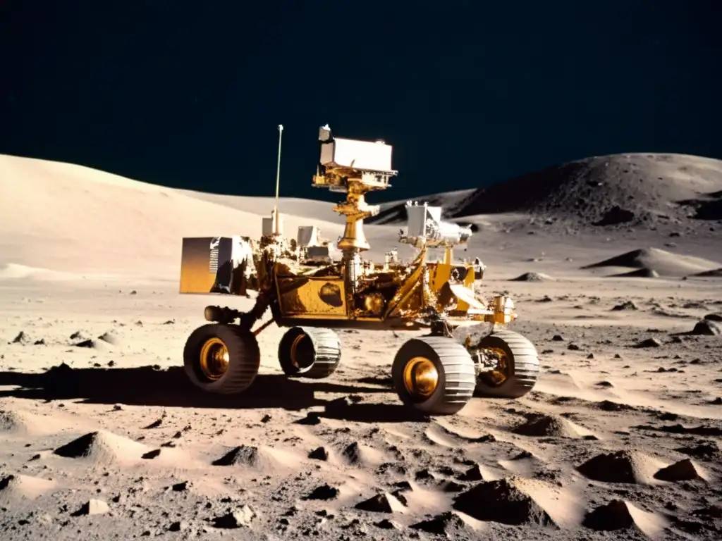 Rover lunar en la superficie de la luna, huellas de astronautas y vista de la Tierra, evolución medios transporte historia lunar