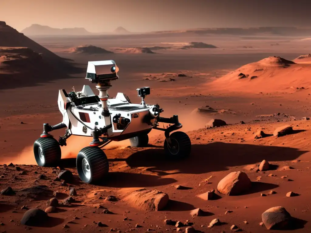 Un rover autónomo explorando el terreno marciano, fusionando tecnología avanzada con la exploración espacial