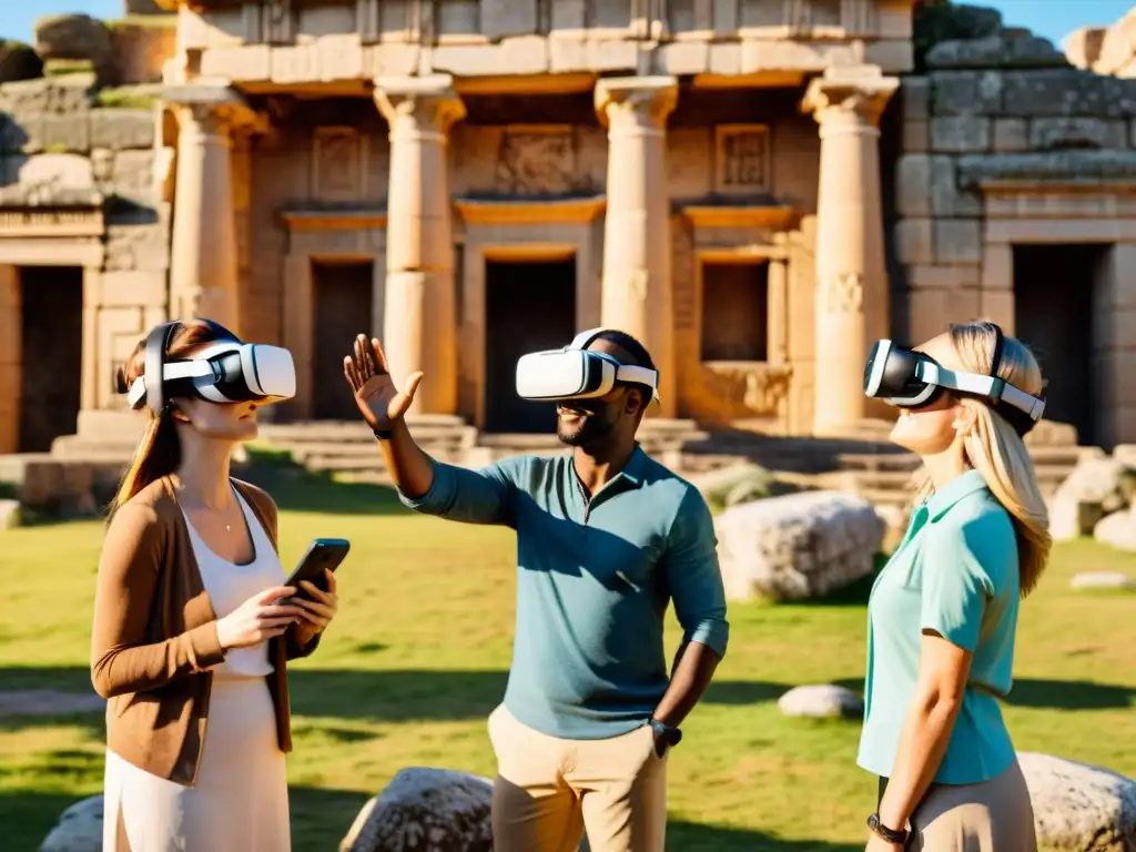 Explorando ruinas antiguas con dispositivos de realidad virtual para viajes, maravillados y emocionados