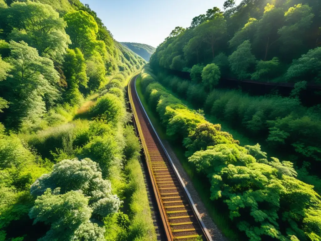 Rutas ferroviarias abandonadas: un bosque exuberante reclama las vías del tren, creando una escena nostálgica y evocadora