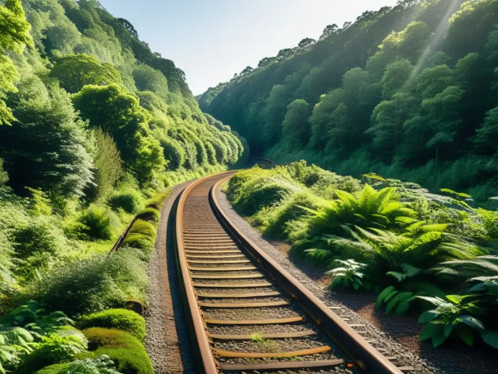 Rutas ferroviarias abandonadas: naturaleza reclamando las vías del tren en un bosque denso y misterioso