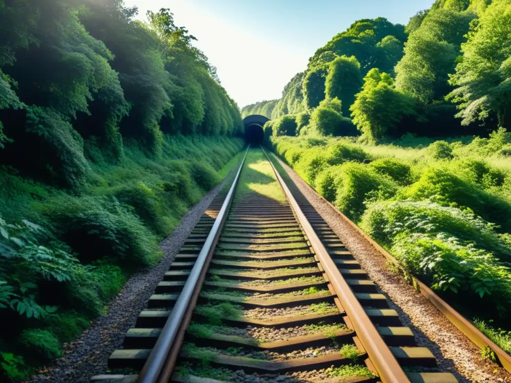 Rutas ferroviarias abandonadas viajar en tren: Vías oxidadas atraviesan un bosque denso, evocando nostalgia y misterio