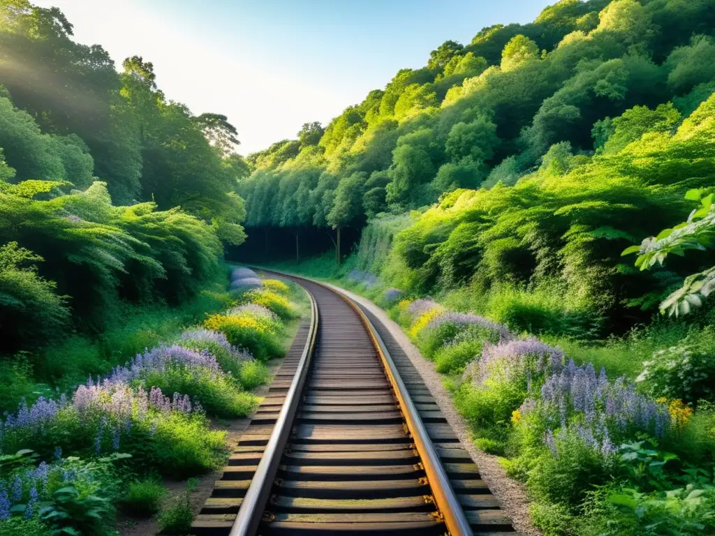 Rutas ferroviarias abandonadas viajar en tren: Vía férrea en la selva, la naturaleza reclama su espacio, evocando nostalgia y encanto